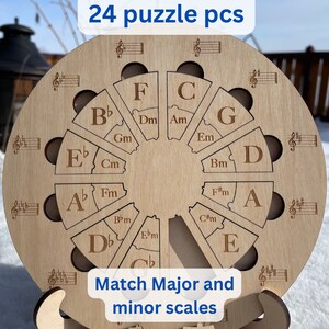 Puede incluir: Un rompecabezas de madera en forma de c&iacute;rculo con 24 piezas que presenta notas musicales y los nombres de las escalas mayores y menores. El texto "Big fifth" y "24 puzzle pcs" est&aacute; impreso en la parte superior del rompecabezas. El texto "Match Major and minor scales" est&aacute; impreso debajo del rompecabezas.