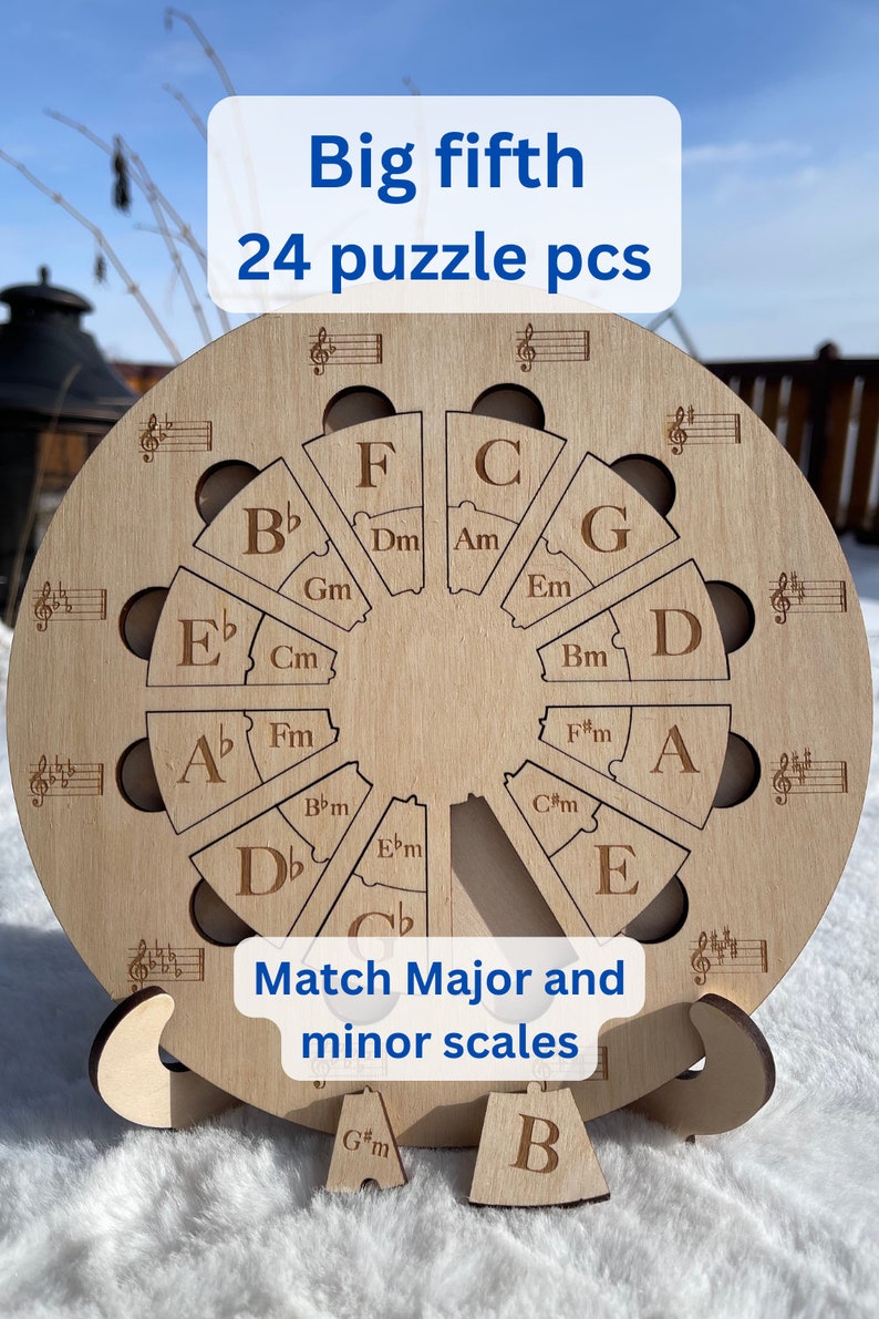 Puede incluir: Un rompecabezas de madera en forma de c&iacute;rculo con 24 piezas que presenta notas musicales y los nombres de las escalas mayores y menores. El texto "Big fifth" y "24 puzzle pcs" est&aacute; impreso en la parte superior del rompecabezas. El texto "Match Major and minor scales" est&aacute; impreso debajo del rompecabezas.