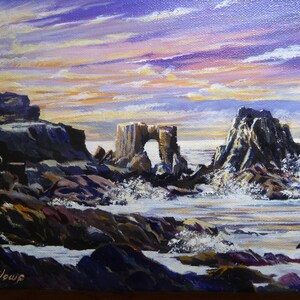 May include: An oil painting of a coastal scene at sunset. The sky is a blend of purple, orange, and yellow hues. Rugged rock formations and crashing waves dominate the foreground, with a bird perched on a rock. The artist's signature is visible.