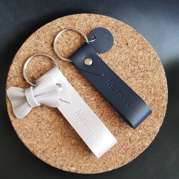 Duo de porte-clés, porte-clefs en cuir, porte clés minimaliste, porte-clés homme et femme, Monsieur et Madame, mariage, fiançailles