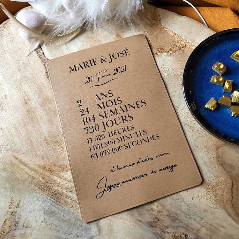 Carte noces de cuir 2 ans de mariage, cadeau anniversaire de mariage personnalisé, cadeau de mariage image 1