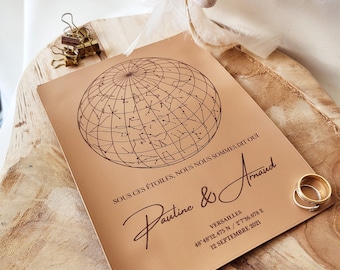 Carte en cuir cadeau noces de cuir 2 ans de mariage, cadeau anniversaire de mariage personnalisé, ciel étoilé, carte des constellations
