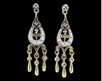 Antique 9CT Gold Diamonds Earrings Drop Pierced c.1900