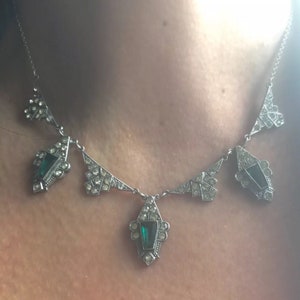 Antique Art Deco Silver Green Paste Necklace Majestic