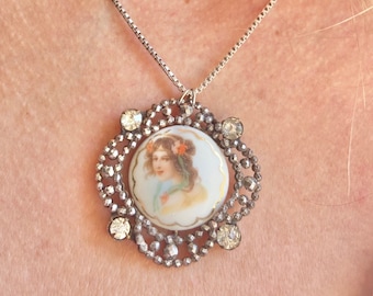 Georgian Cut Steel Miniature Portrait Paste Stones Pendant Chain Necklace