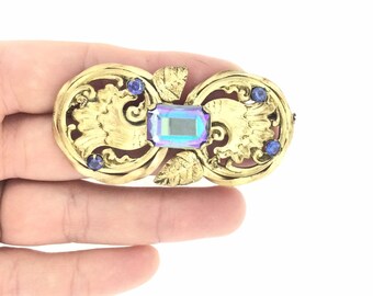 Art Nouveau Original French Gilt Blue Glass Paste Brooch Pin c.1895