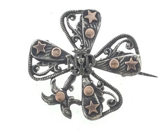 Antique French Silver 800 Brooch Monogram Lucky Clover Stars Art Nouveau