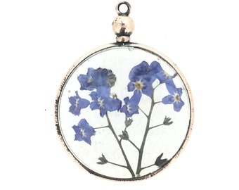 Antique Edwardian Shaker Locket Pendant Pressed Forget Me Not Flowers