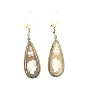 Antique Carved Cameo Shell Drop Earrings Gold Filled