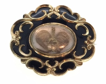 Victorian Mourning Brooch  Hair Memento Enamelled C.1880