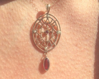Antique Art Nouveau Rolled Gold Ruby Garnet Paste Pendant