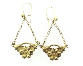 French Art Nouveau Drop Earrings Flowers Gold Filled