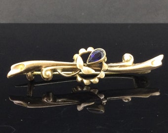 Antique Edwardian Brooch Pin Rolled Gold Blue Paste
