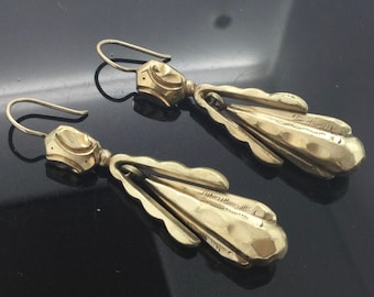Victorian 9K Gold Aesthetic Drop Earrings, c.1890