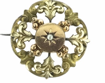 Antique French Brooch Pin Three Toned Rolled Gold Adorable C.1900