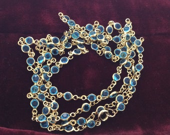 Vintage Long Blue Glass Bezels Gilt Necklace 38 Inches