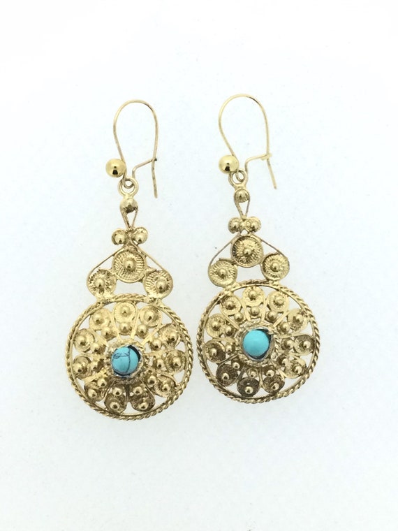 Antique Filigree Turquoise Silver 800 Gilt Earrin… - image 7