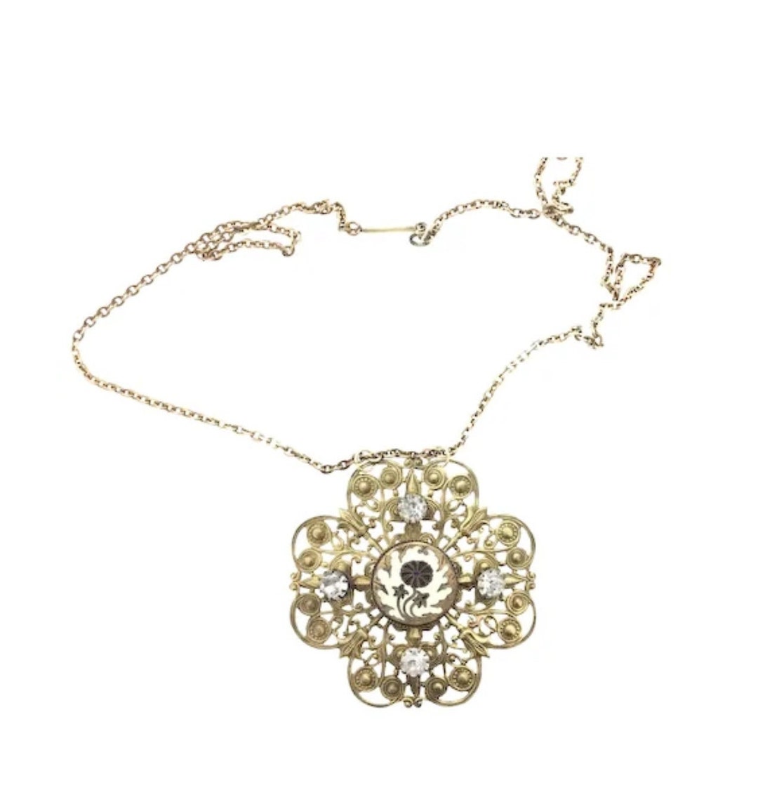 Antique Art Nouveau Filigree Paste Enamel Paste Pendant Chain Necklace ...