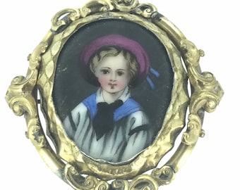 Antike Miniatur Portrait Brosche Pin Glassed Medaillon Schön Eingerahmt