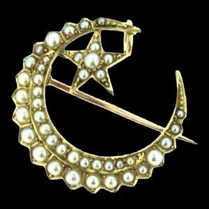 May include: A gold crescent moon brooch with a five-pointed star set with pearls.
