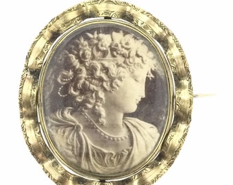 Antieke Victoriaanse Pinchbeck-portretbroche, geëtste esthetische pin