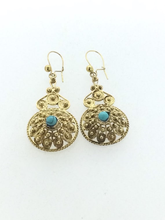 Antique Filigree Turquoise Silver 800 Gilt Earrin… - image 6