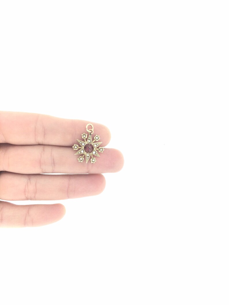 May include: A gold pendant in the shape of a star with a red gemstone in the center and small white gemstones around the edges.