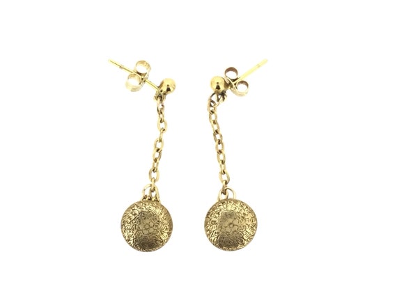 Edwardian 9CT Drop Earrings Embossed Flowers Recycled Old Buttons c1900