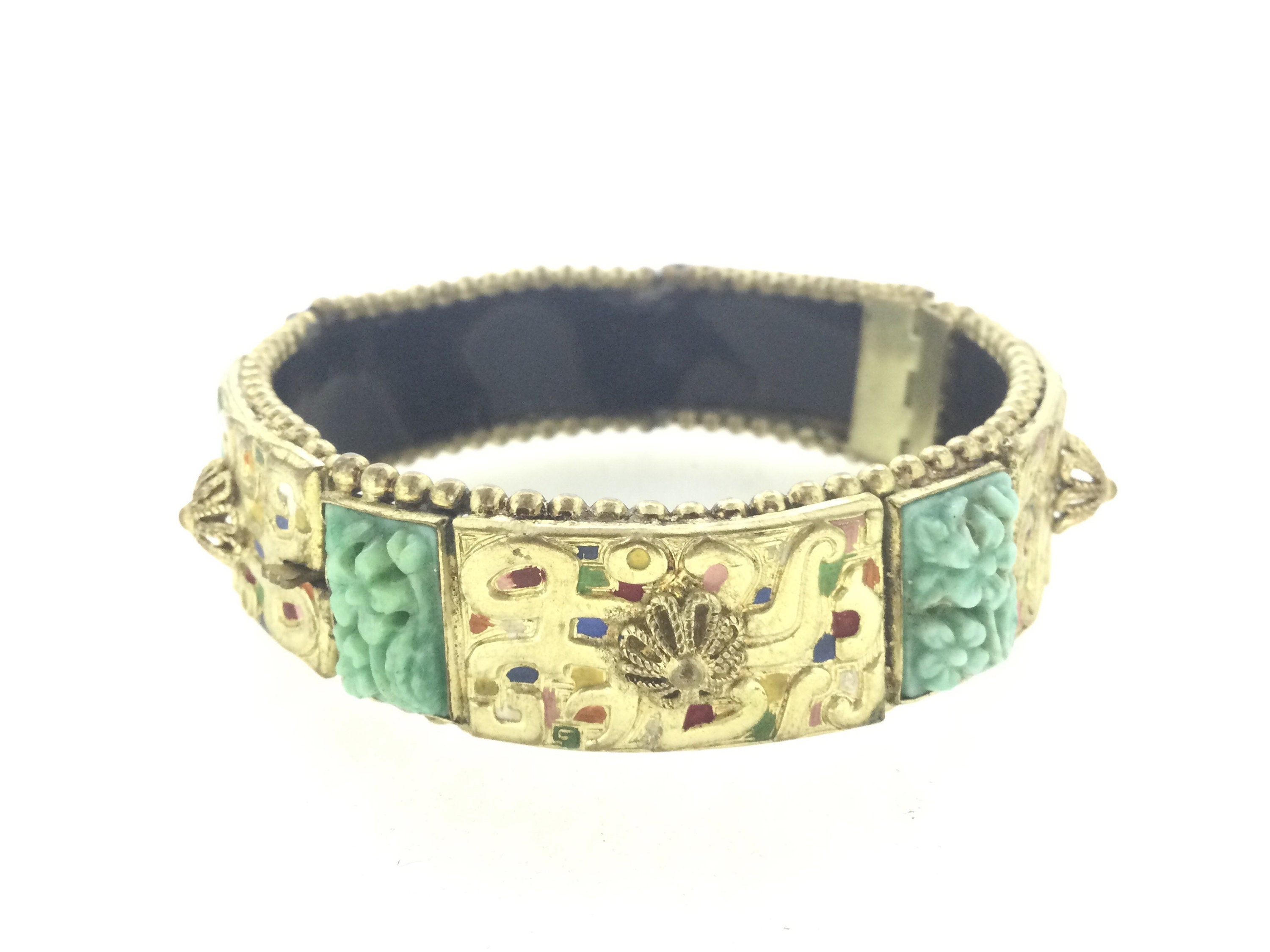 Old Bracelet Bangle Chinese Pagoda Green Glass Gilt Enamel Etsy UK
