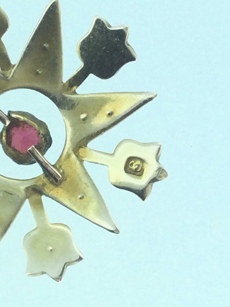 May include: A gold star-shaped brooch with a red gemstone in the center and a 925 hallmark on the back.