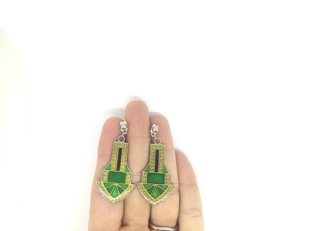 Orecchini Geometrici Oro Con Smalto Verde - Cerchi Irregolari Hipster 23 Mm