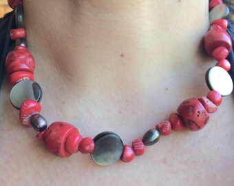 Arts and Crafts Handmade Coral Abalone Necklace 17 inches