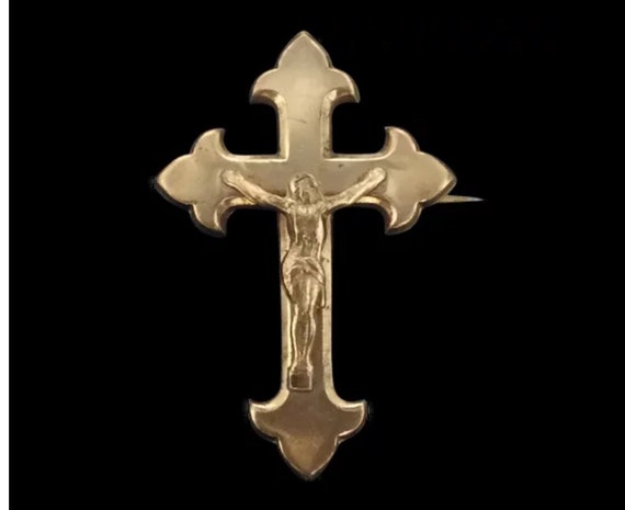 Antique French Cross Brooch Pin Textured Jesus Ch… - image 1