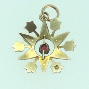 May include: A gold pendant with a red gemstone in the center, surrounded by a starburst design with six points. The pendant has a loop at the top for attaching to a chain.