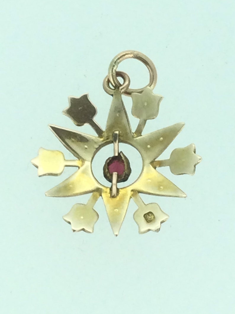May include: A gold pendant with a red gemstone in the center, surrounded by a starburst design with six points. The pendant has a loop at the top for attaching to a chain.