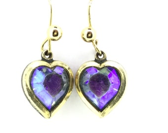Vintage Heart Earrings Gilt Glass Rainbow Blue Drops