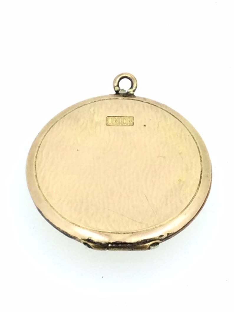 Patterned Rose Rolled Gold Locket Pendant Blue Cabochon Stone Elegant
