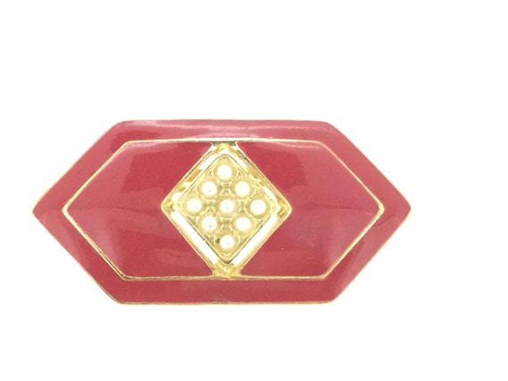 Red Enamelled Imitation Pearls 1980s Brooch Pin - image 1