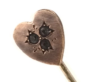 Edwardian Stick Pin Lapel Tie Etched Heart Paste Stones Rose Rolled Gold