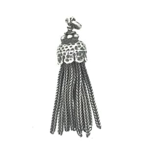 May include: A silver tassel charm with a detailed, textured top and a chain-like fringe.