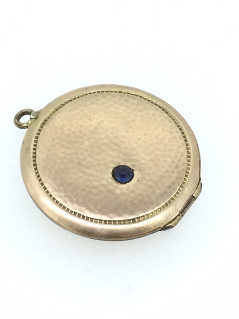 Patterned Rose Rolled Gold Locket Pendant Blue Cabochon Stone Elegant