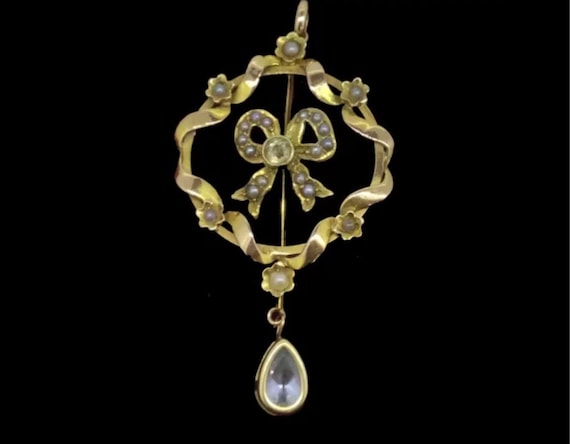 Antique Art Nouveau 9CT Aquamarine Lavaliere Pendant Ribbon c.1895
