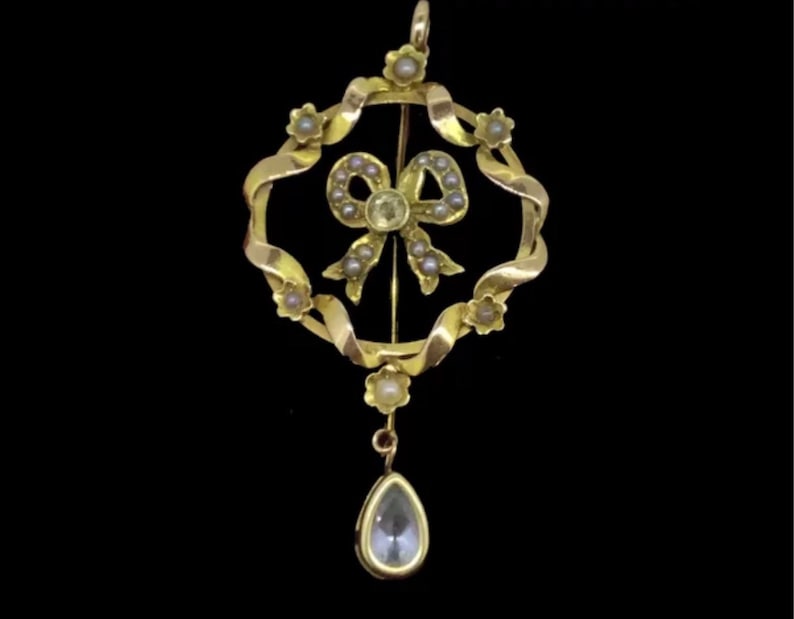 Antique Art Nouveau Gold 9CT Bow Aquamarine Seed Pearls Pendant