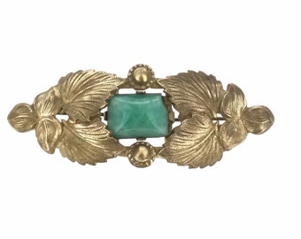 Antique Foliage Gilt Green Glass Matt Stone Costume Brooch Pin c.1920