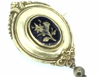 Antique Victorian Gilt Black Enamel Drop Brooch Pin C.1900