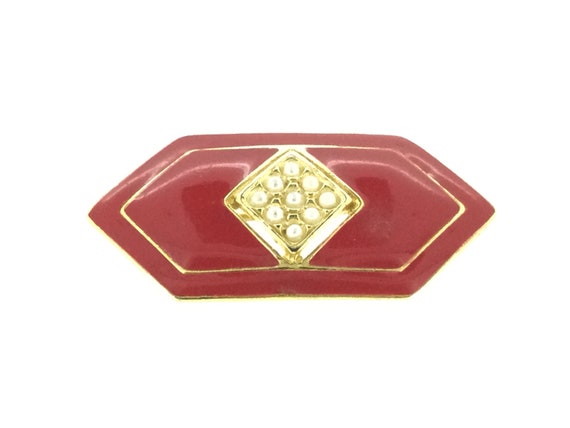 Red Enamelled Imitation Pearls 1980s Brooch Pin - image 2
