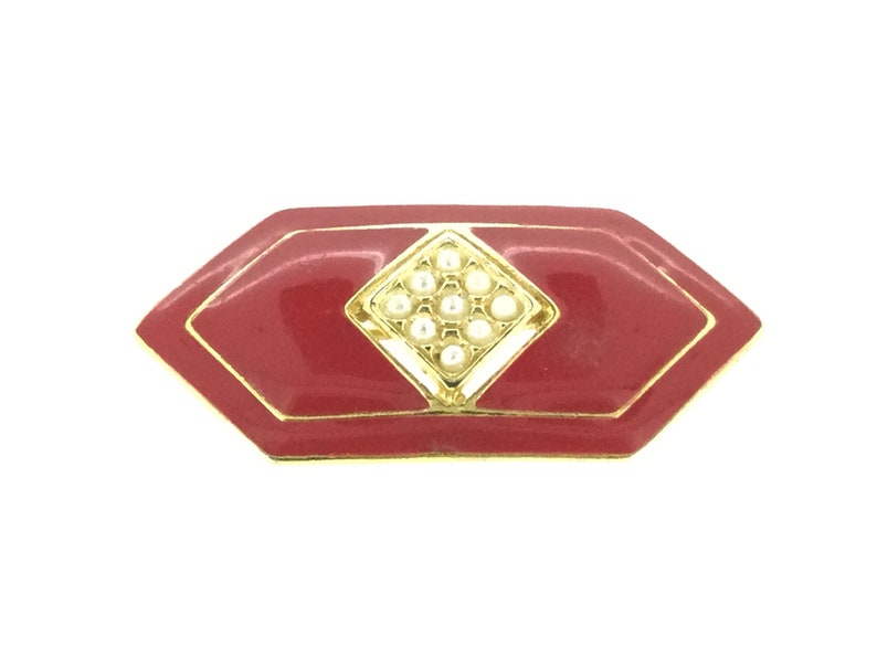 Red Enamelled Imitation Pearls 1980s Brooch Pin image 2