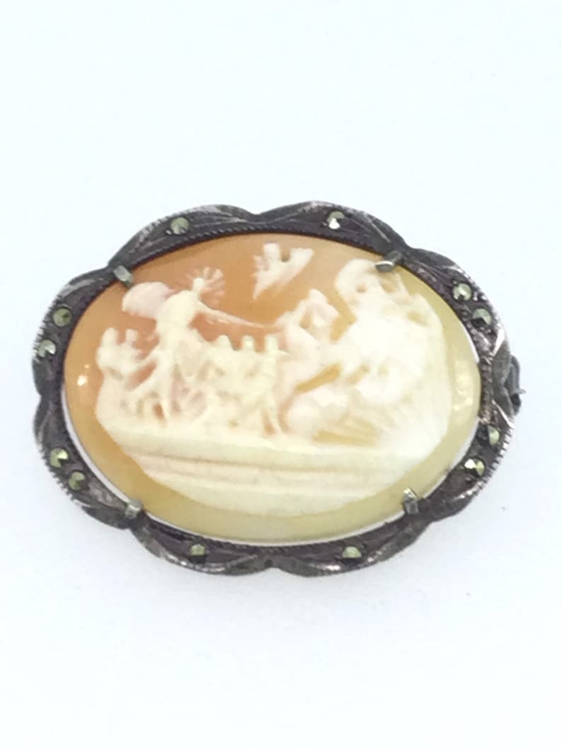 Antique Mythological Carved Cameo Silver 800 Marcasite Brooch Pin