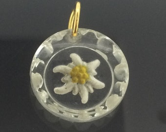 Vintage Edelweiss Reverse Intaglio Pendant Hand Painted Glass