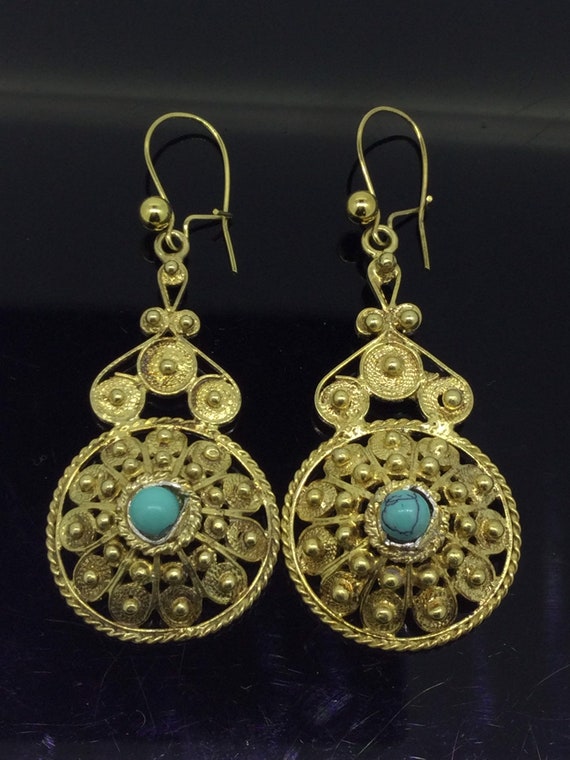 Antique Filigree Turquoise Silver 800 Gilt Earrin… - image 3